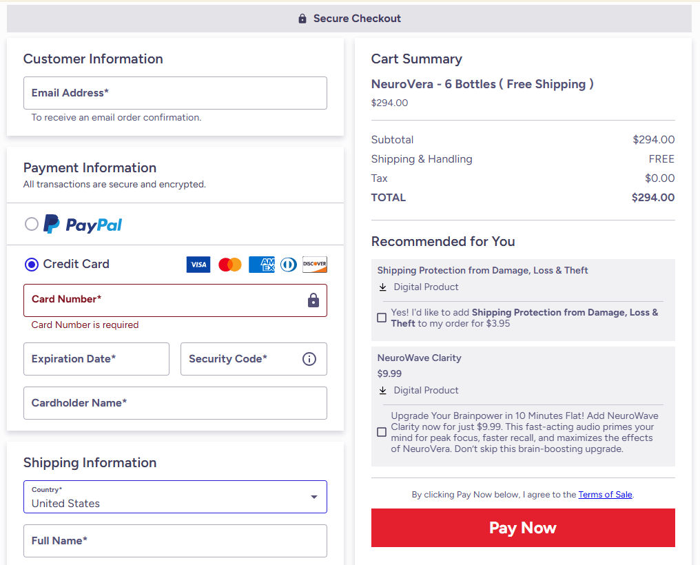 NeuroVera secure checkout page